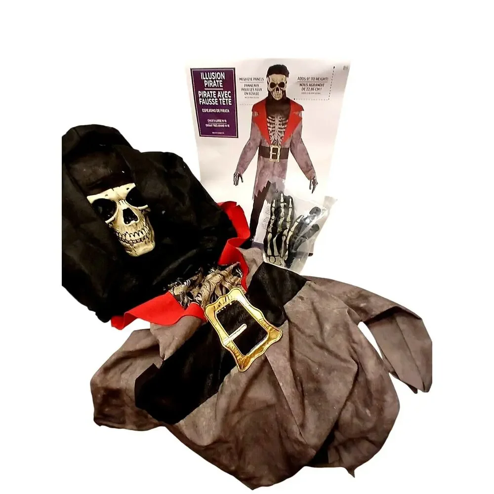 Skeleton Pirate Costume CHILD Sz XL 14-16 Illusion 9 INCHES TALLER Halloween